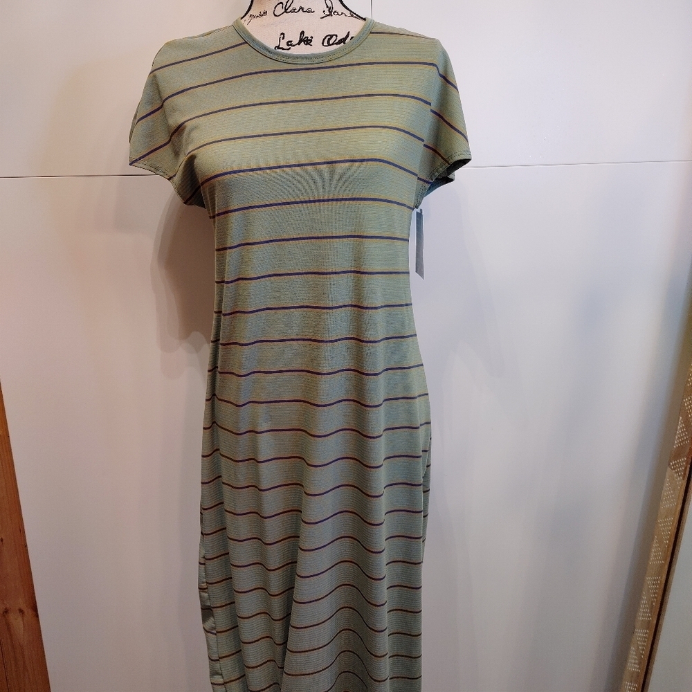NWT LuLaRoe Maria Maxi Dress Small Blue Mustard Stripe High Low